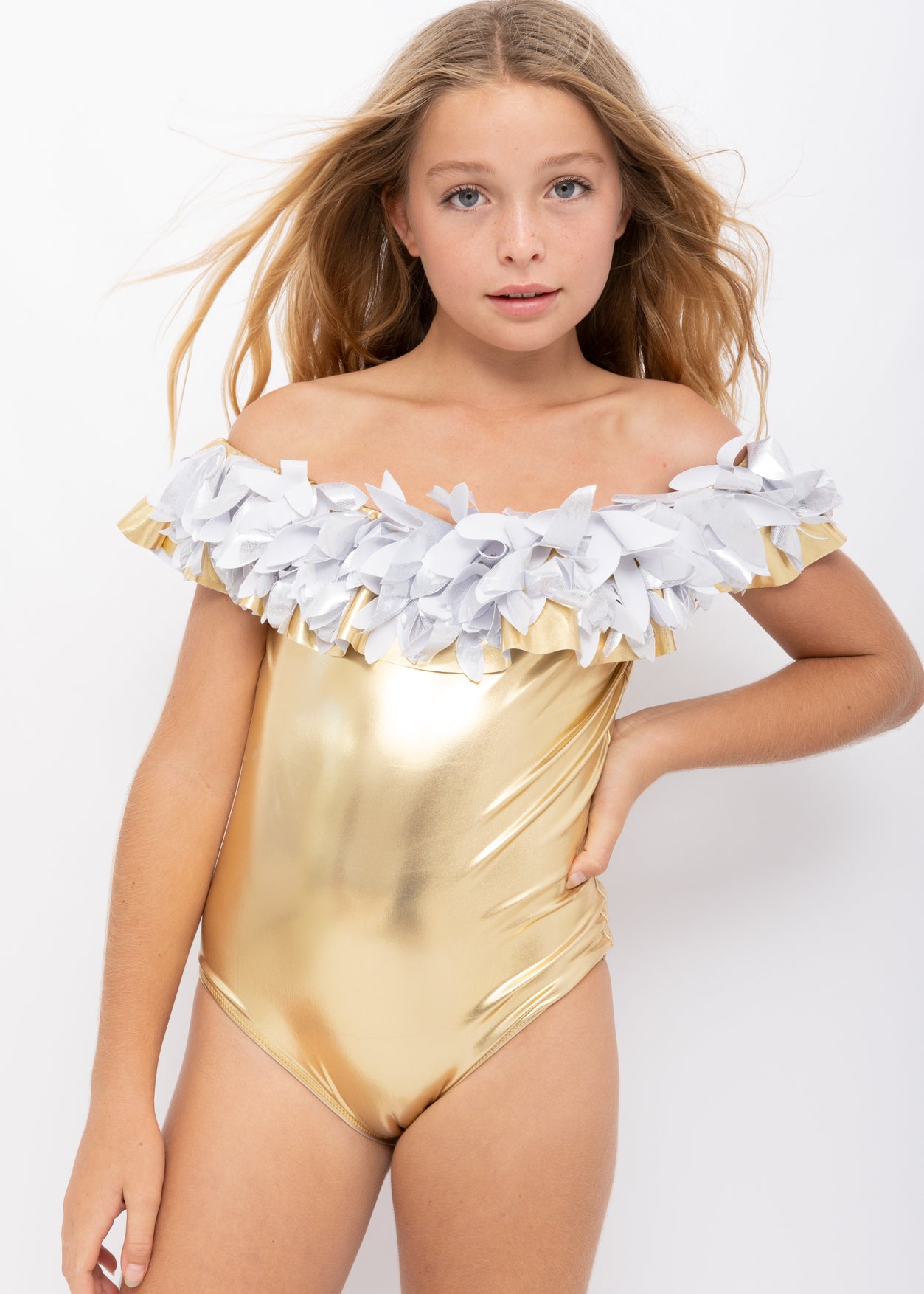gold swimsuit for girls, beachwear for girls, swimwear for tween girls