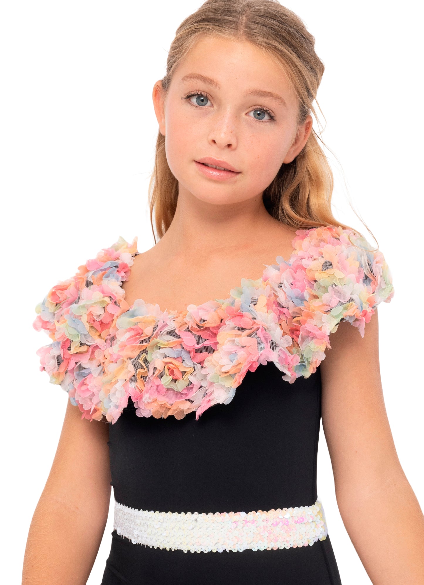 black swimsuit for girls, floral swimsuit for girls, bathing suit with flowers for girls