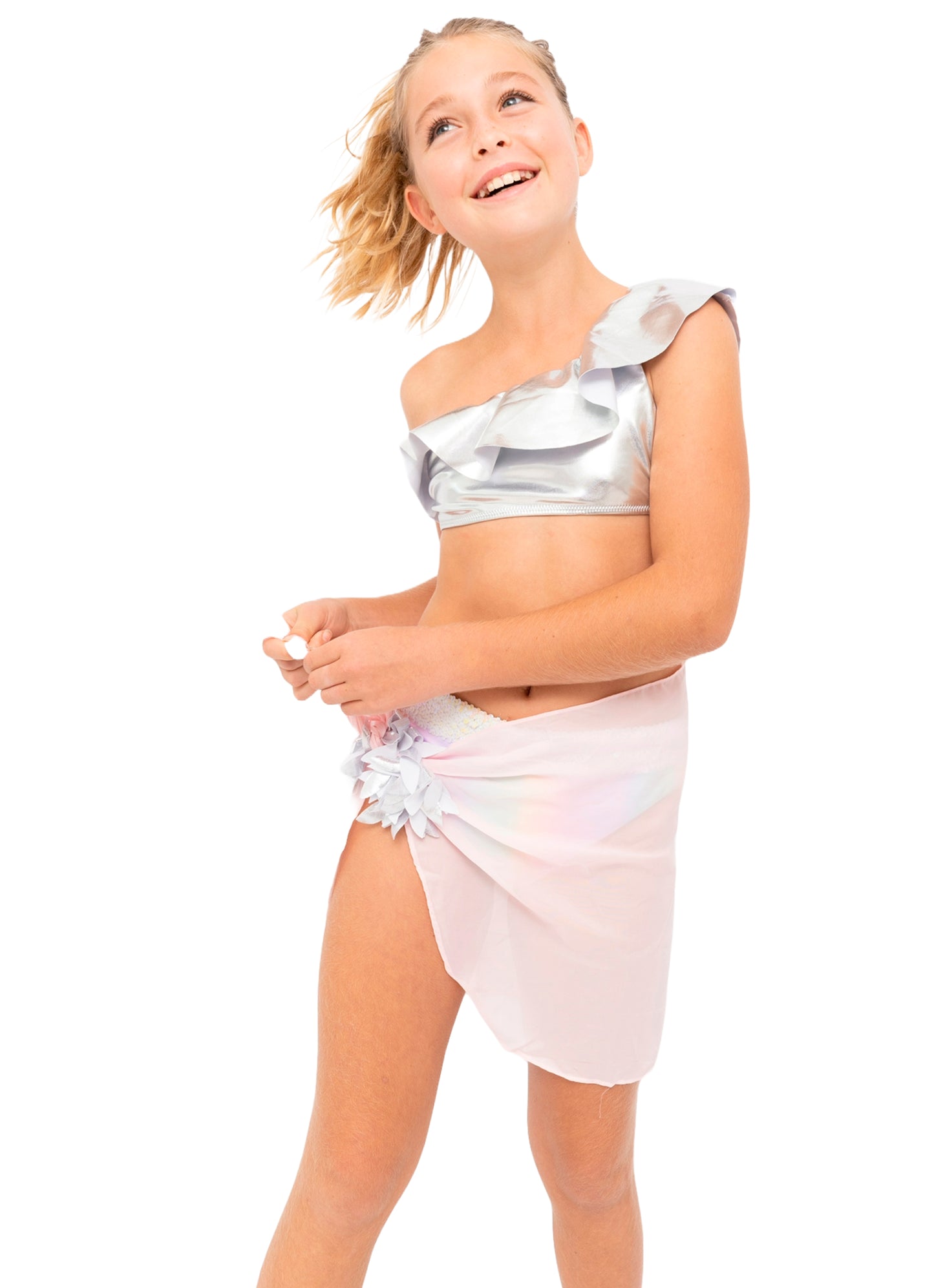 silver bikini for girls, pink pareo for girls, pink over-ups for girls, pink sarong for girls