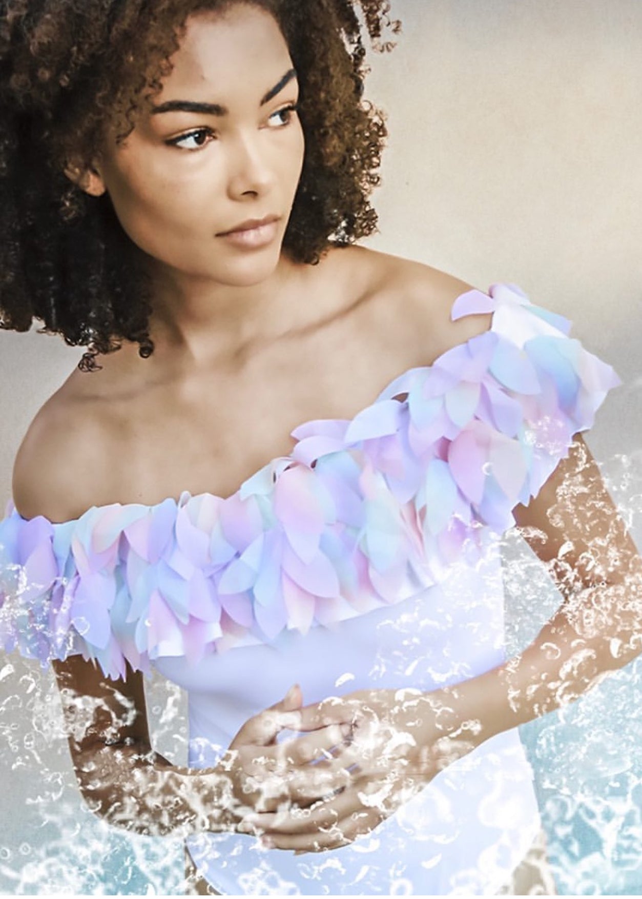 Womens White Draped Swimsuit with Petals
