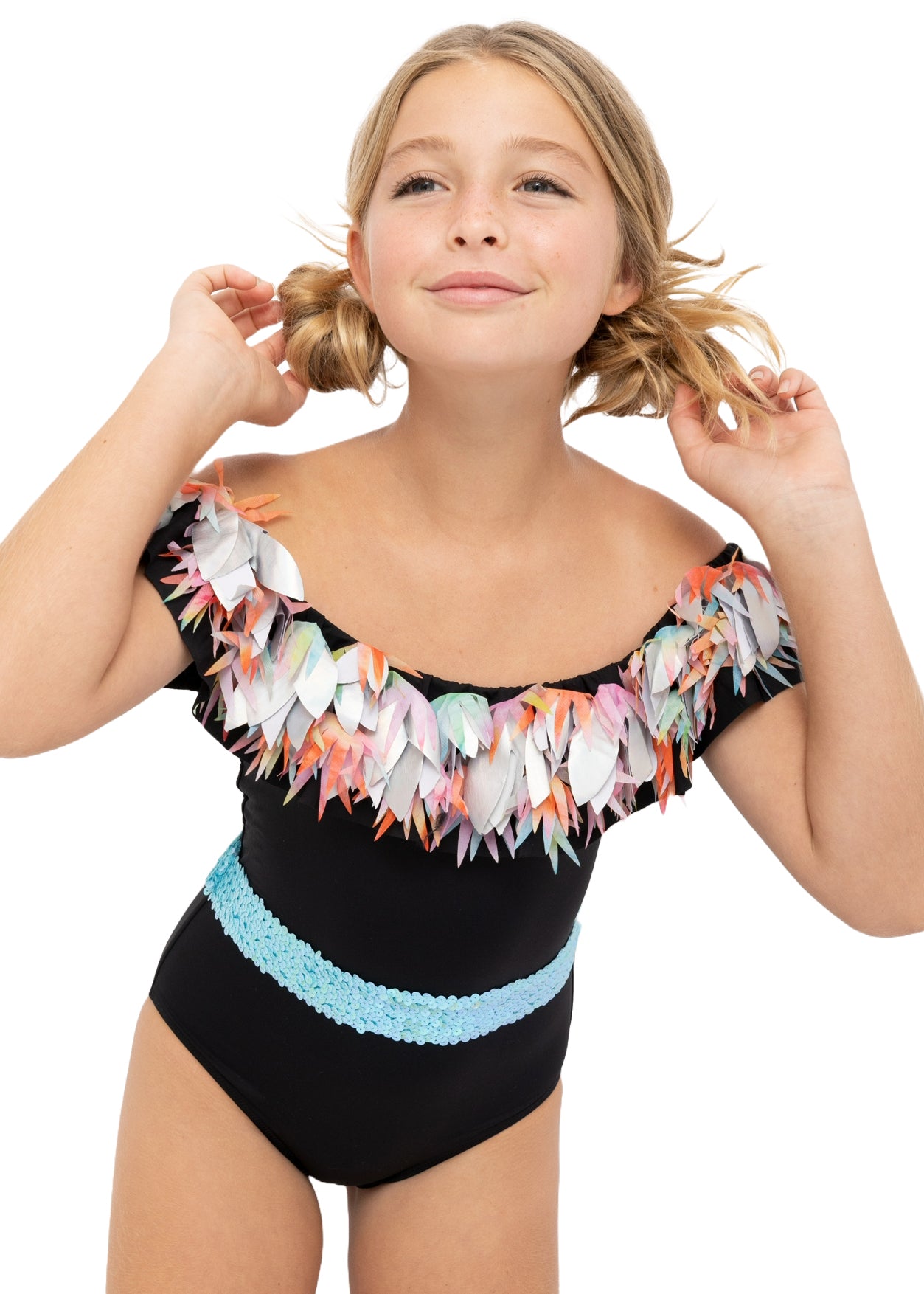 black swimsuit with flowers for girls, swimwear for girls
