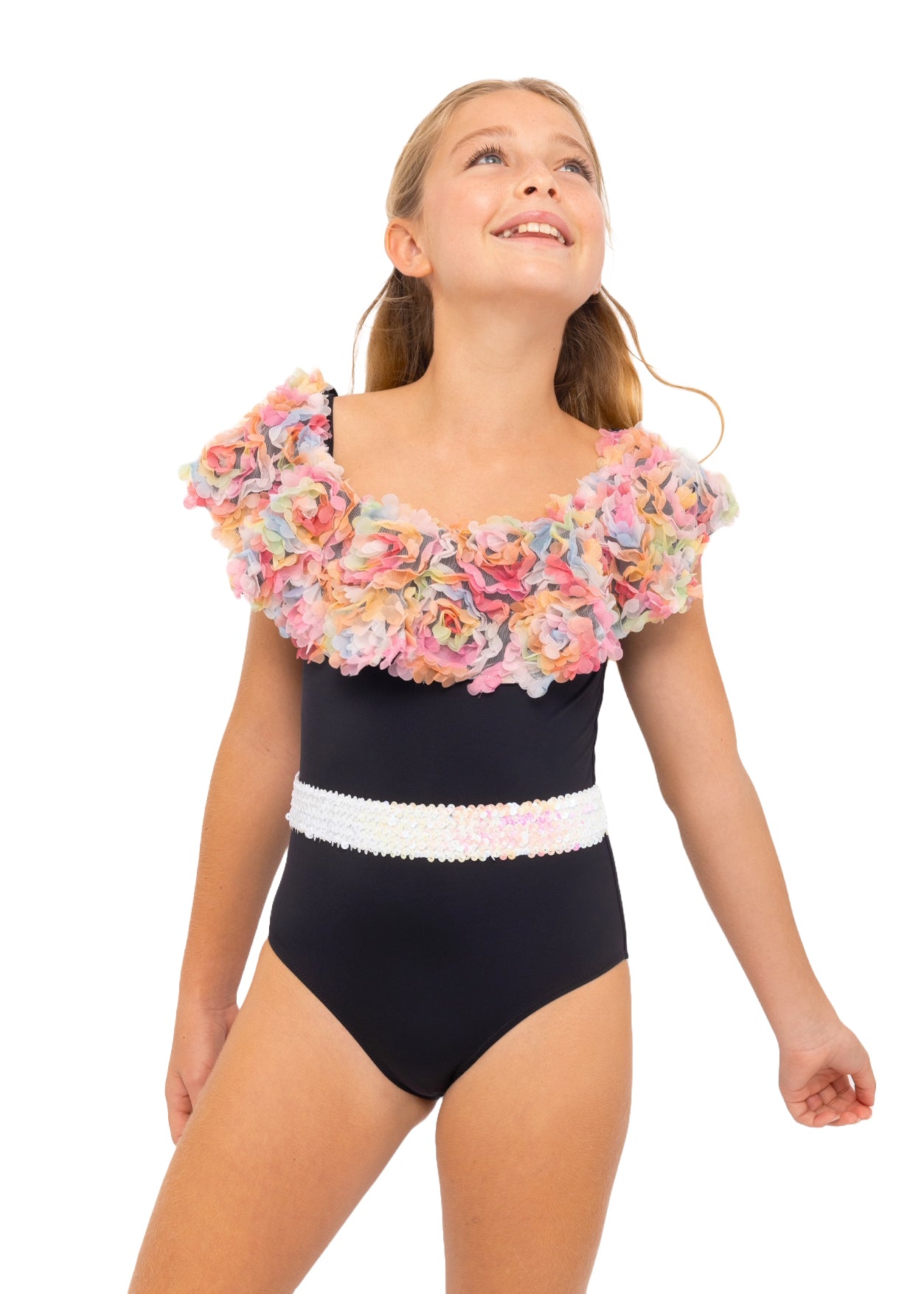 black swimsuit for girls, black swimwear for girls, floral swimsuit for girls, floral bathing costume for girls