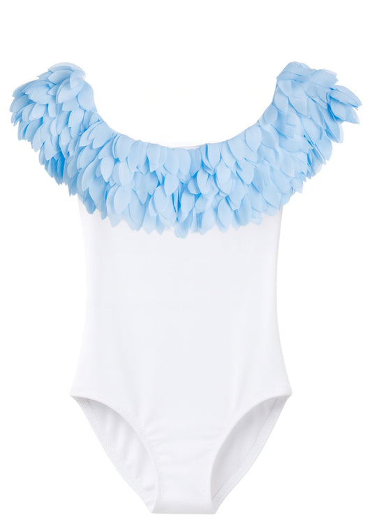 chic blue petals white bathing suit for girls