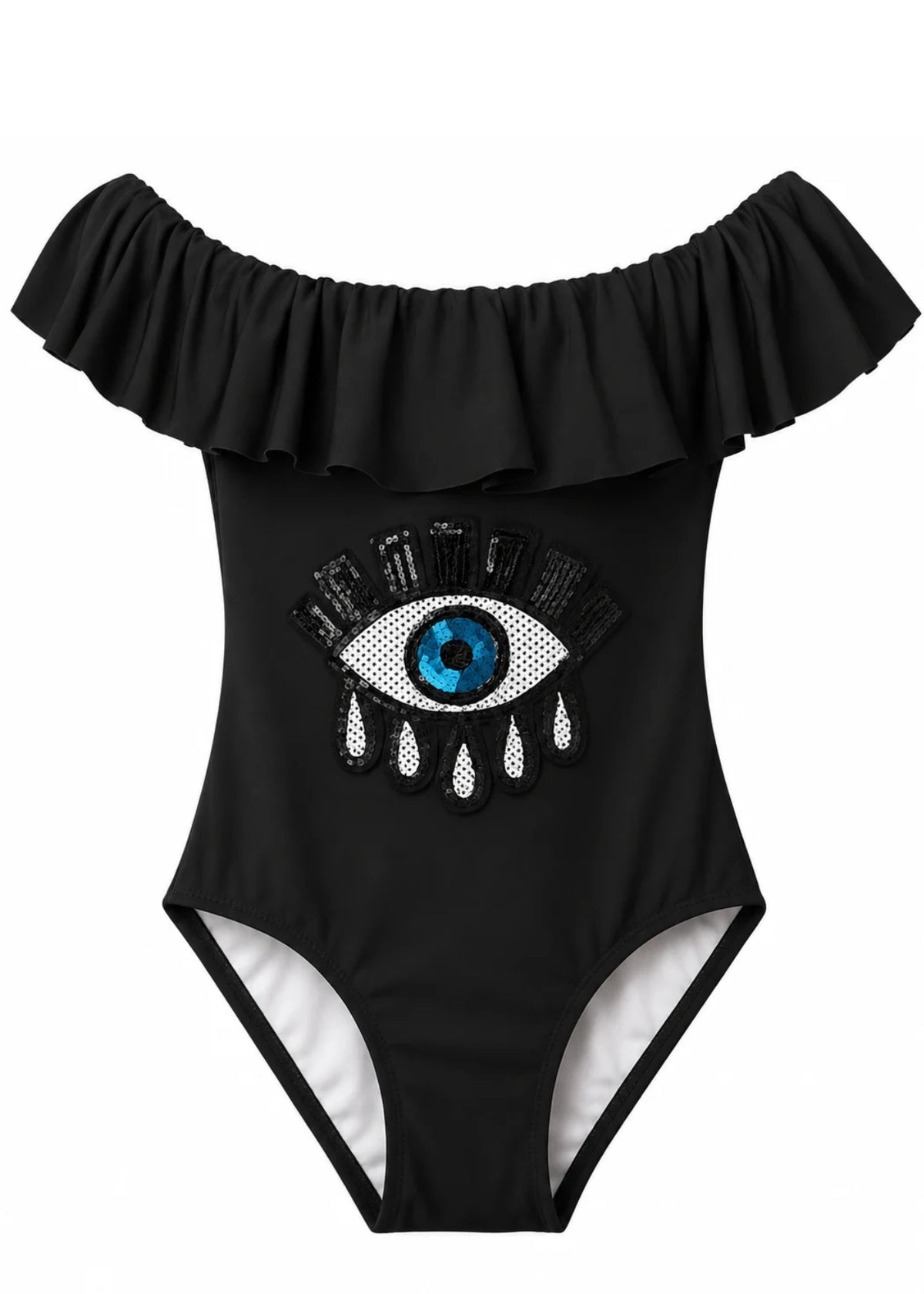 cool black swimsuit for girls with sequin applique eye