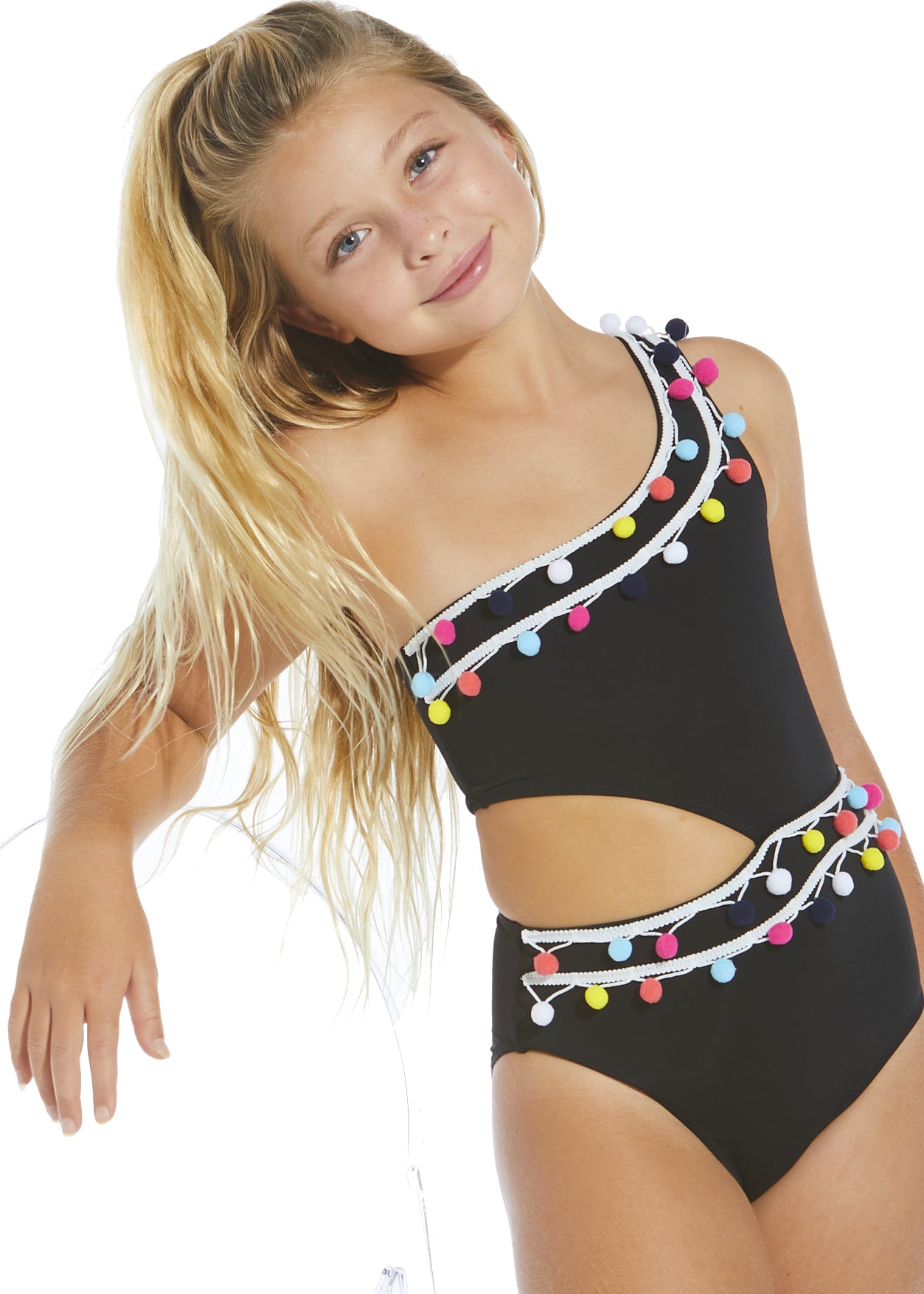 Black Side Cut Out with Multicolor Pom Poms- sample