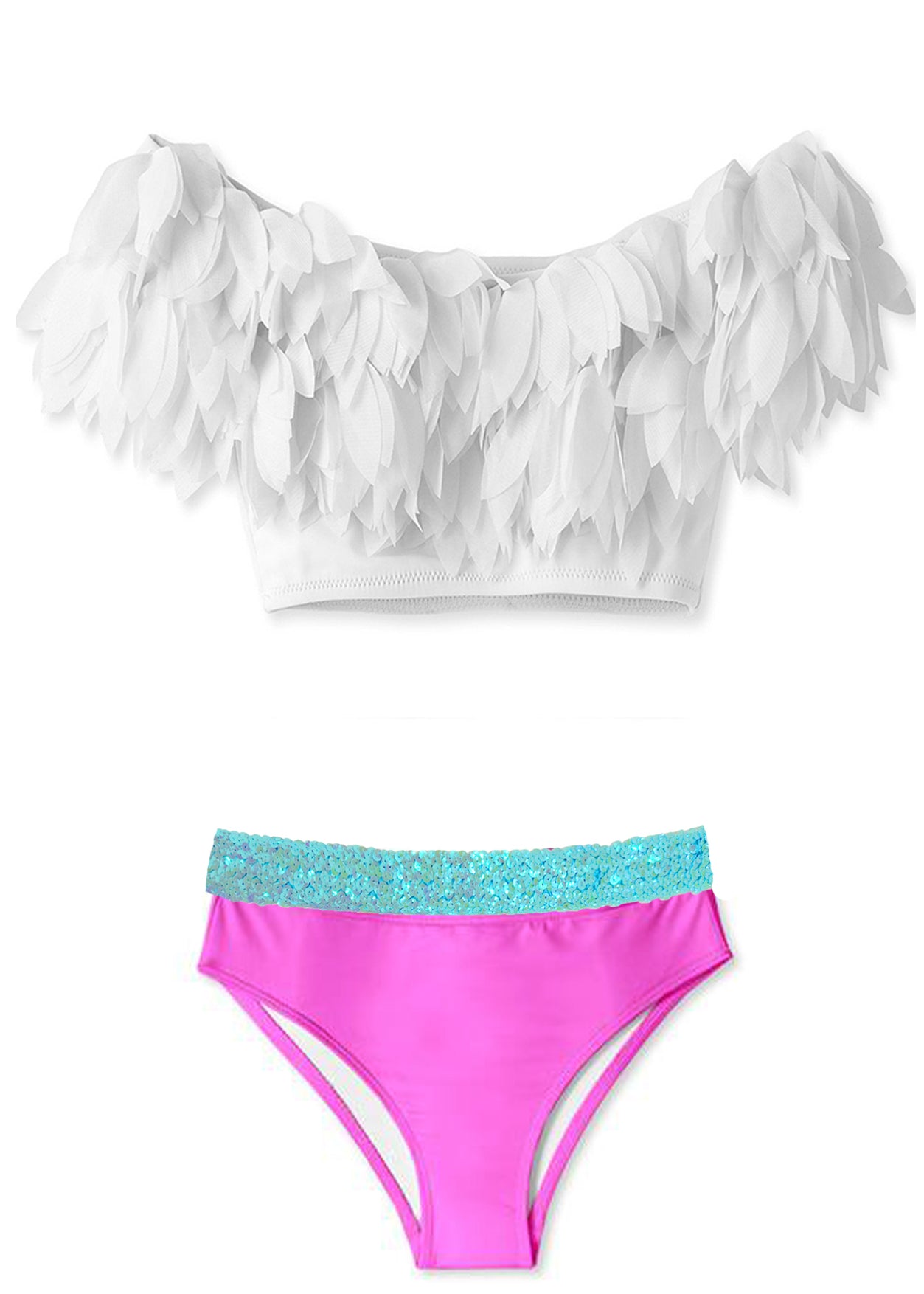 White Petal Bikini & Neon Pink with Aqua Sequin Belt