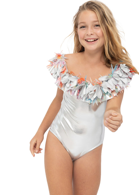 silver swimsuit for girls, metallic swimsuits for girls, silver bathing suit for tween girls, silver swimsuit for teens