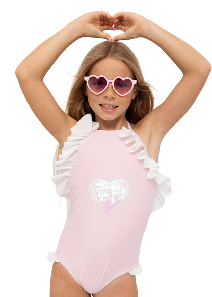 pink heart swimsuit for girls, pink heart swimwear for girls