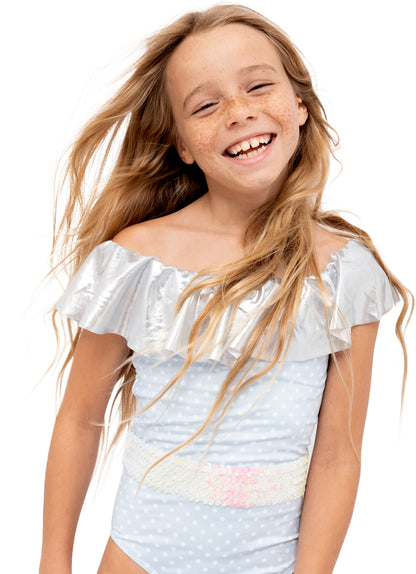 polka dot swimwear for girls, blue bathing suits for girls, polka dot swimsuits for little girls