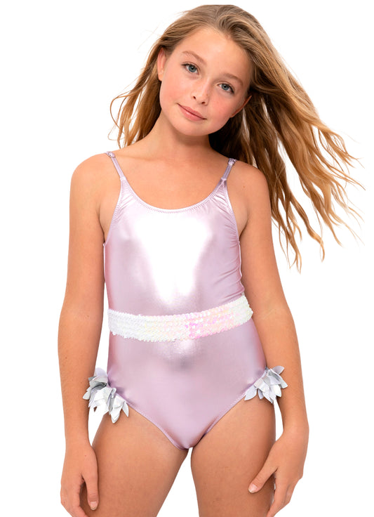pink swimsuit for girls, metallic pink bathing suit for girls, metallic pink swimwear for girls