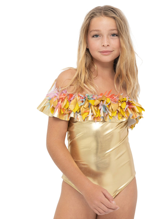 gold swimsuit for girls, gold color bathing suit for girls,  metallic gold swimsuit for girls