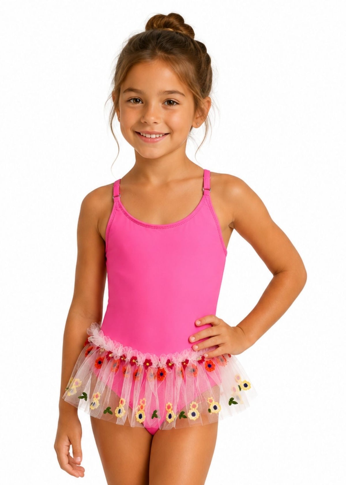 Floral Tutu Neon Pink Bathing Suit For Girls