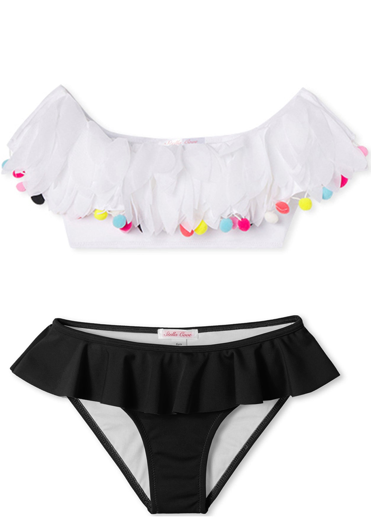 White & Black Bikini with Petals-Multicolor Pompoms