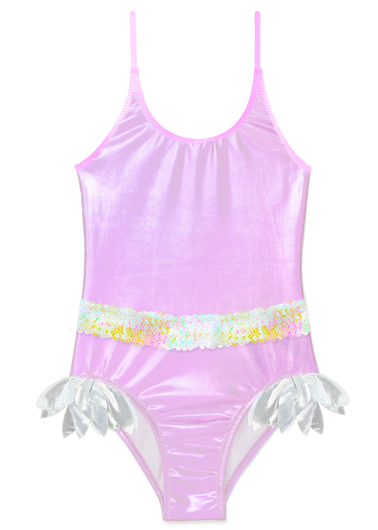 Metallic Pink Swimsuit with Sequin Belt & Silver Petals