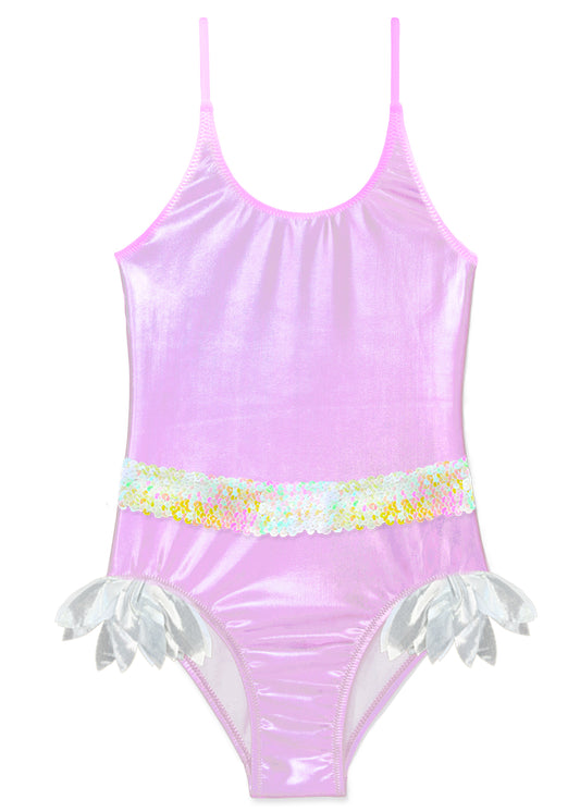 Beachwear for girls , pink metallic swimsuit for girls