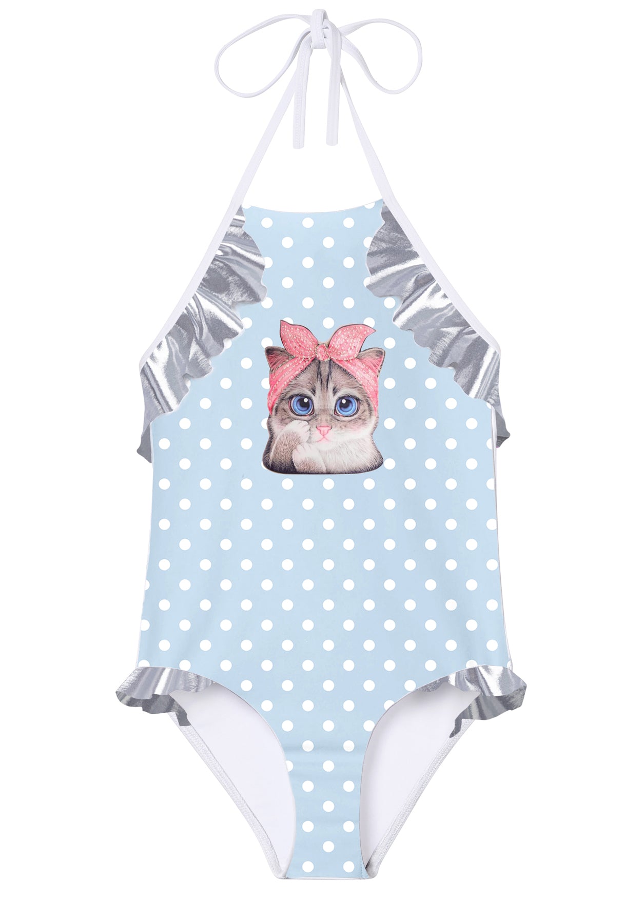 Polka Dot Halter Swimsuit With Silver Ruffle & Cat