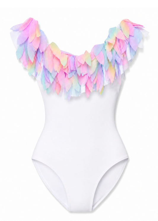 beautiful rainbow petals white bathing suit for women