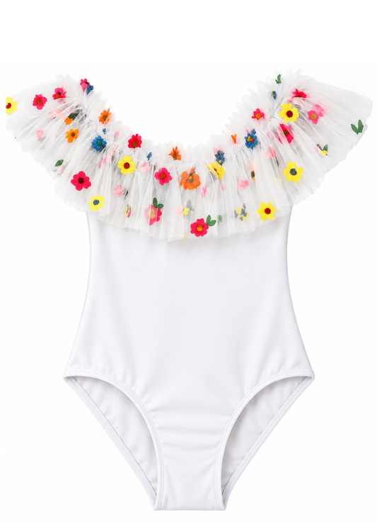White Floral Bathing Suit for Girls