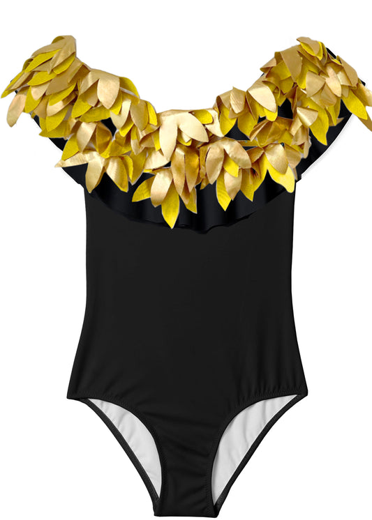 beachwear for girls, black swimsuit with gold  for girls, unique swimwear for girls