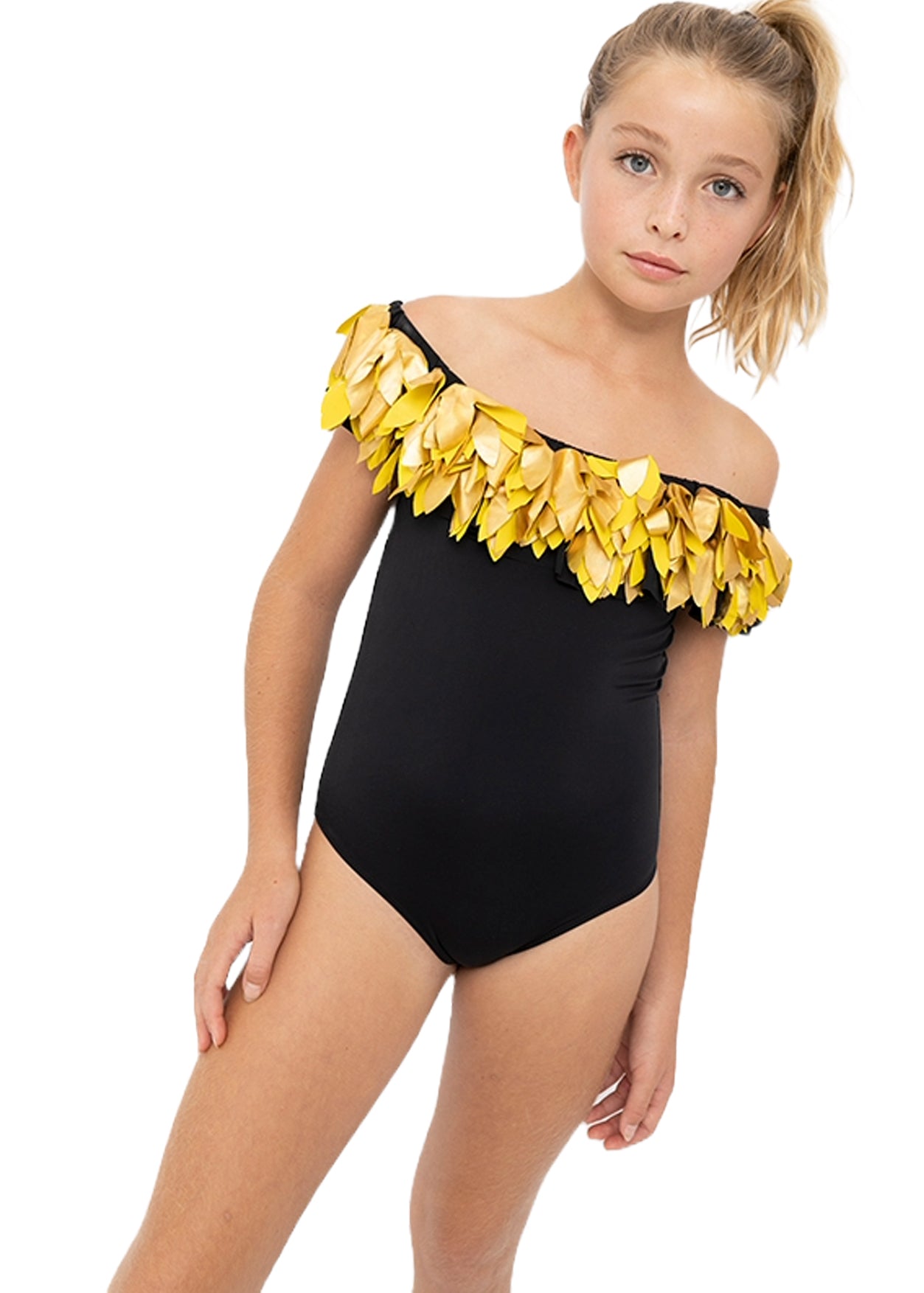 black swimsuit with gold for girls, swimsuits for girls, beachwear for girls