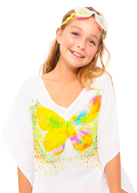 A girl wearing a white cover up with a colorful butterfly print, paired with neon pink swimming goggles.