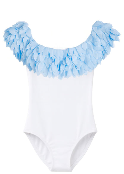 chic blue petals white bathing suit for girls