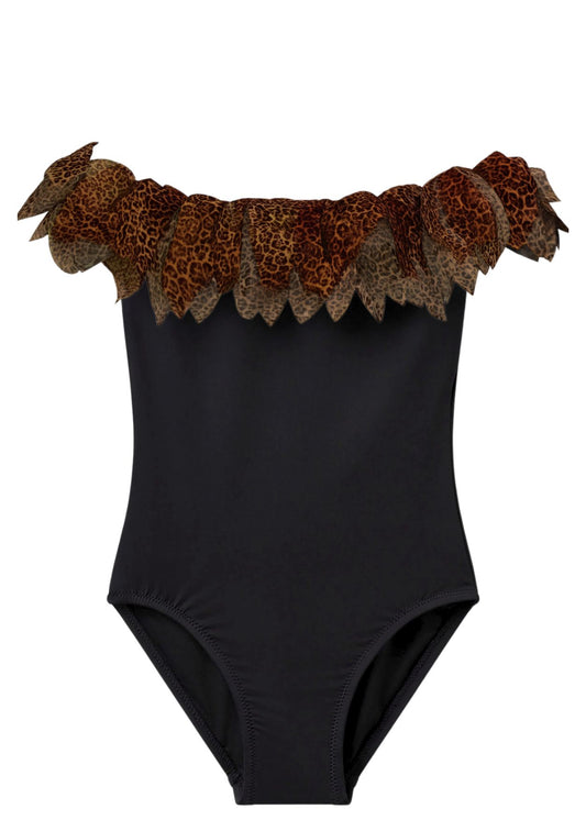 classic cheetah petals black swimsuit for girls
