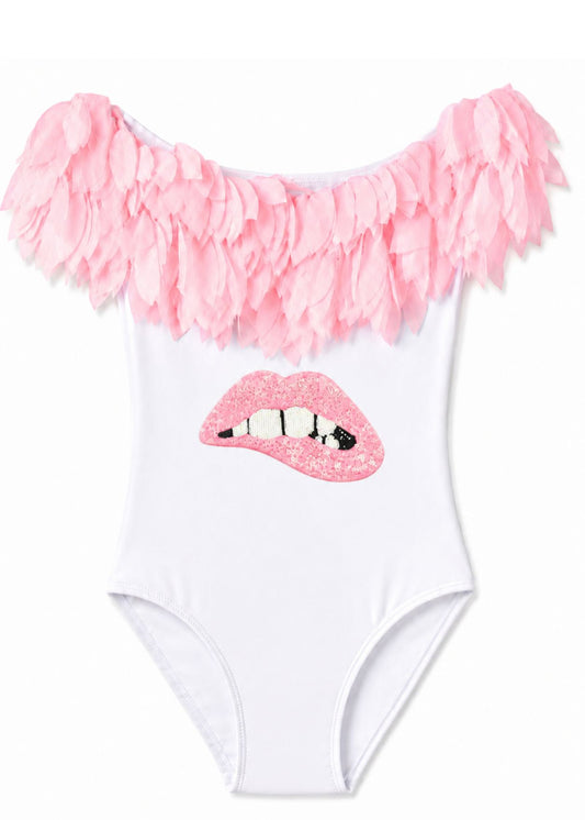 cute pink petal white swimsuit for girls