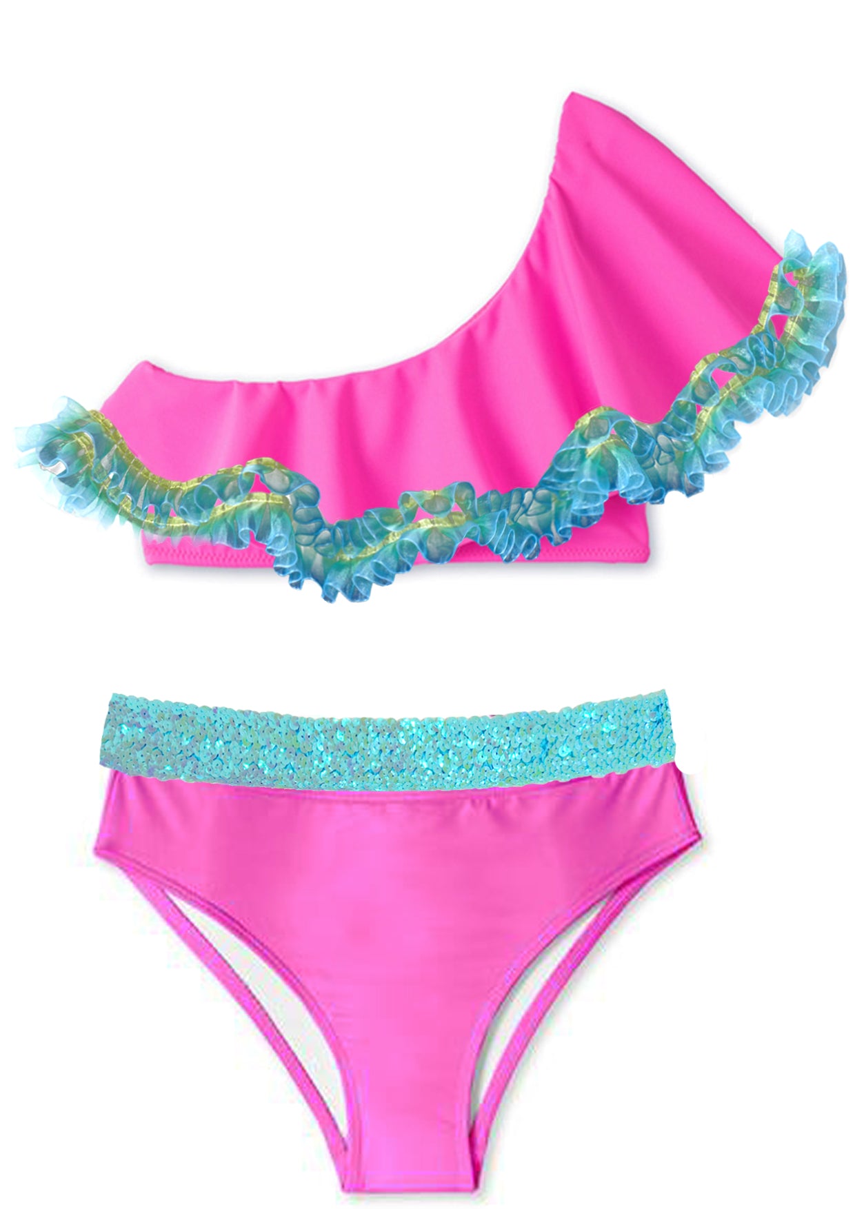 Neon Pink One Shoulder Bikini with Anemone Fringe & Aqua Sequin Belt