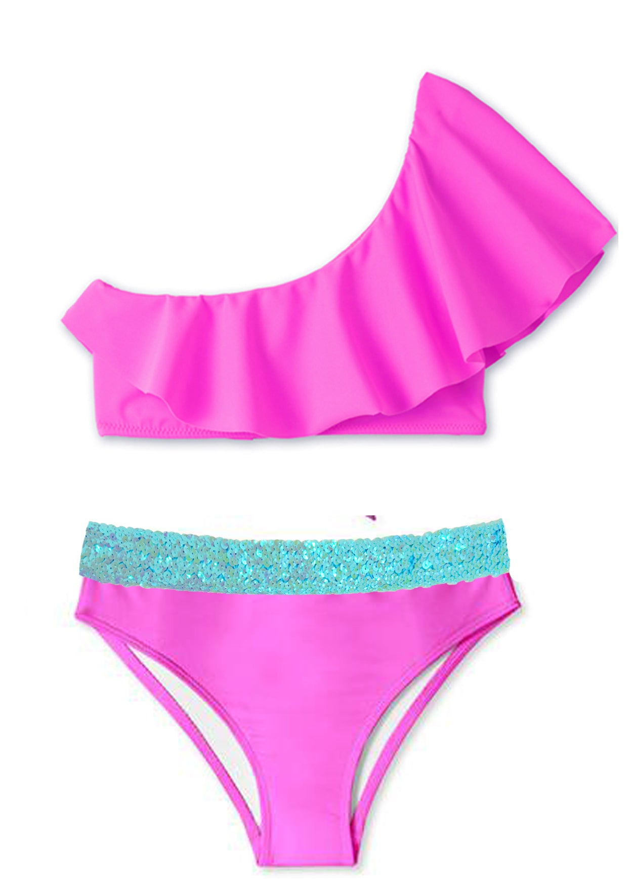 Neon Pink One Shoulder Bikini with Aqua Sequin Belt