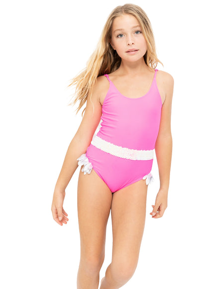 neon pink swimsuit for girls, pink swimwear for girls, pink bathing suit for girls