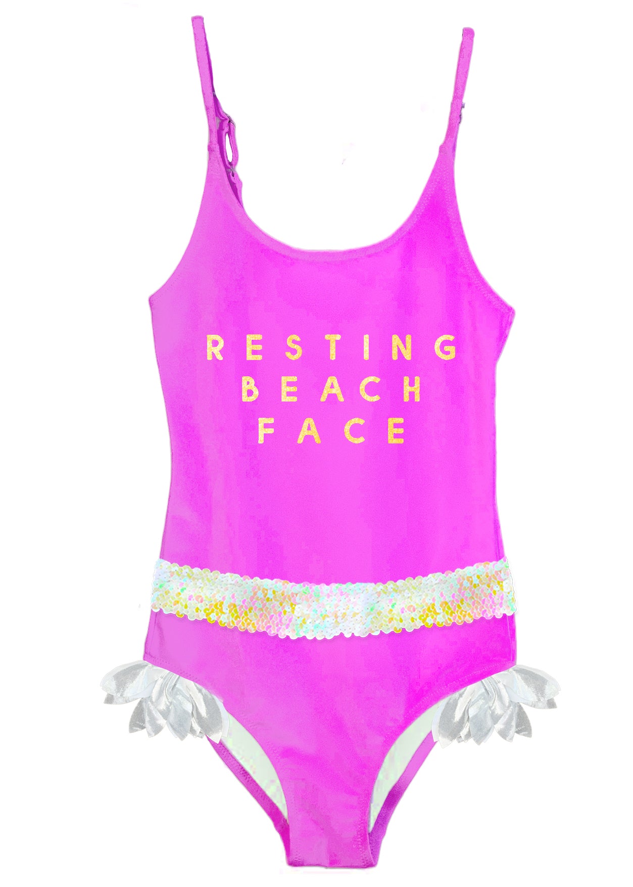 Resting Beach Face Neon Pink Swimsuit  with Sequin Belt & Silver Petals
