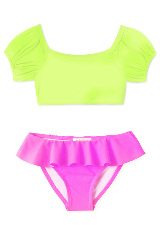 Neon Yellow & Pink Puff Sleeve Bikini