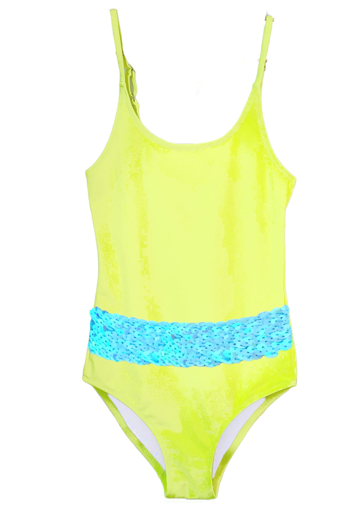 Neon Yellow Swimsuit with Aqua Sequin Belt