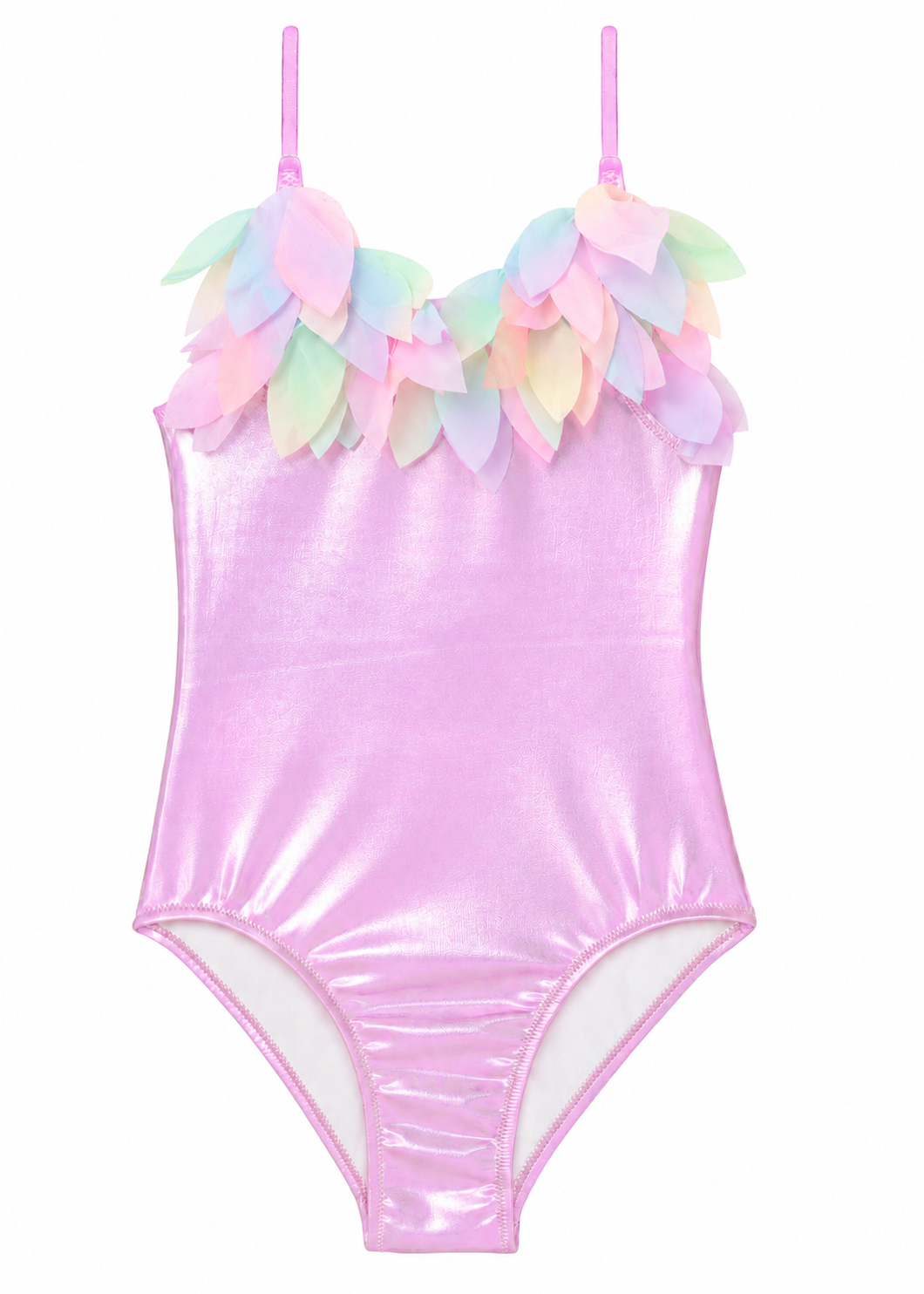 girls swimsuit in pink metallic swimsuit with trim