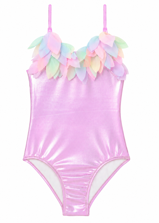 girls swimsuit in pink metallic swimsuit with trim