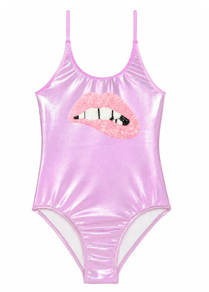 pink metallic irridescent swimsuit for girls