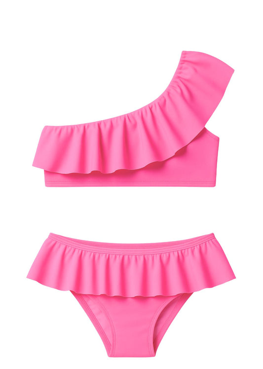 playful neon pink girls swimwear