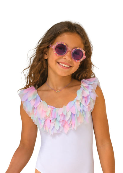 rainbow petal white bathing suit for girls