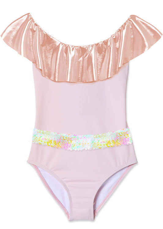 Rose Gold Ruffle Swimsuit with Sequin Belt