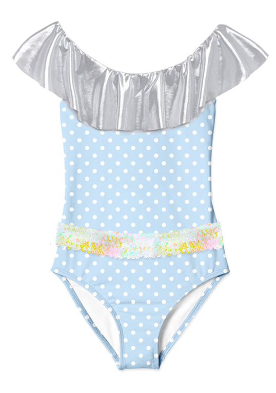 Polka Dot Swimsuit with silver Ruffle & Sequin Belt