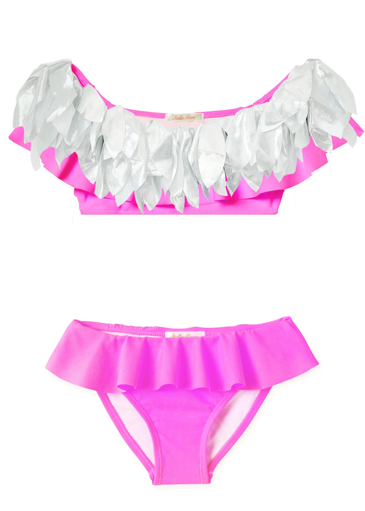 Neon Pink Ruffle Bikini with Silver Petals