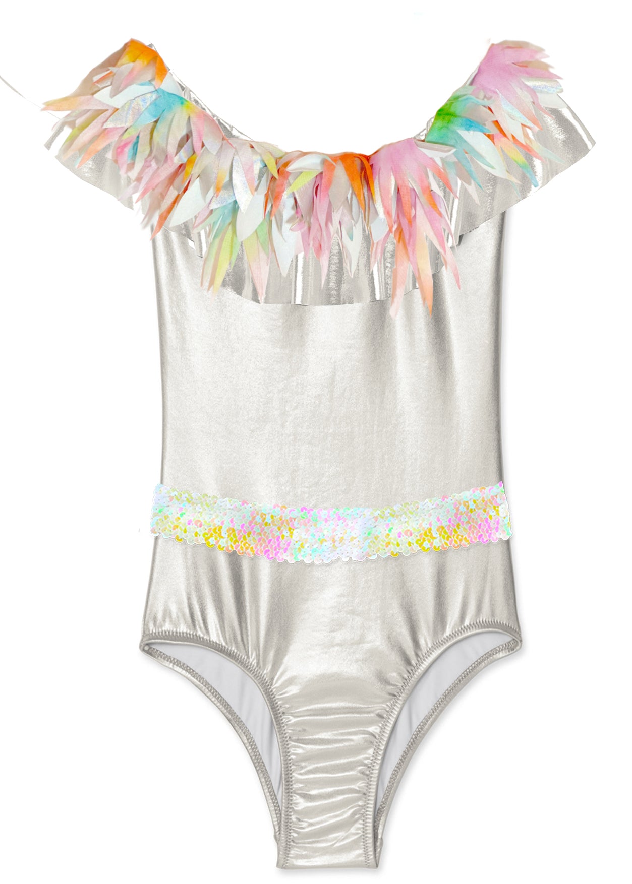 Silver Swimsuit with Mixed Petals & Sequin Belt