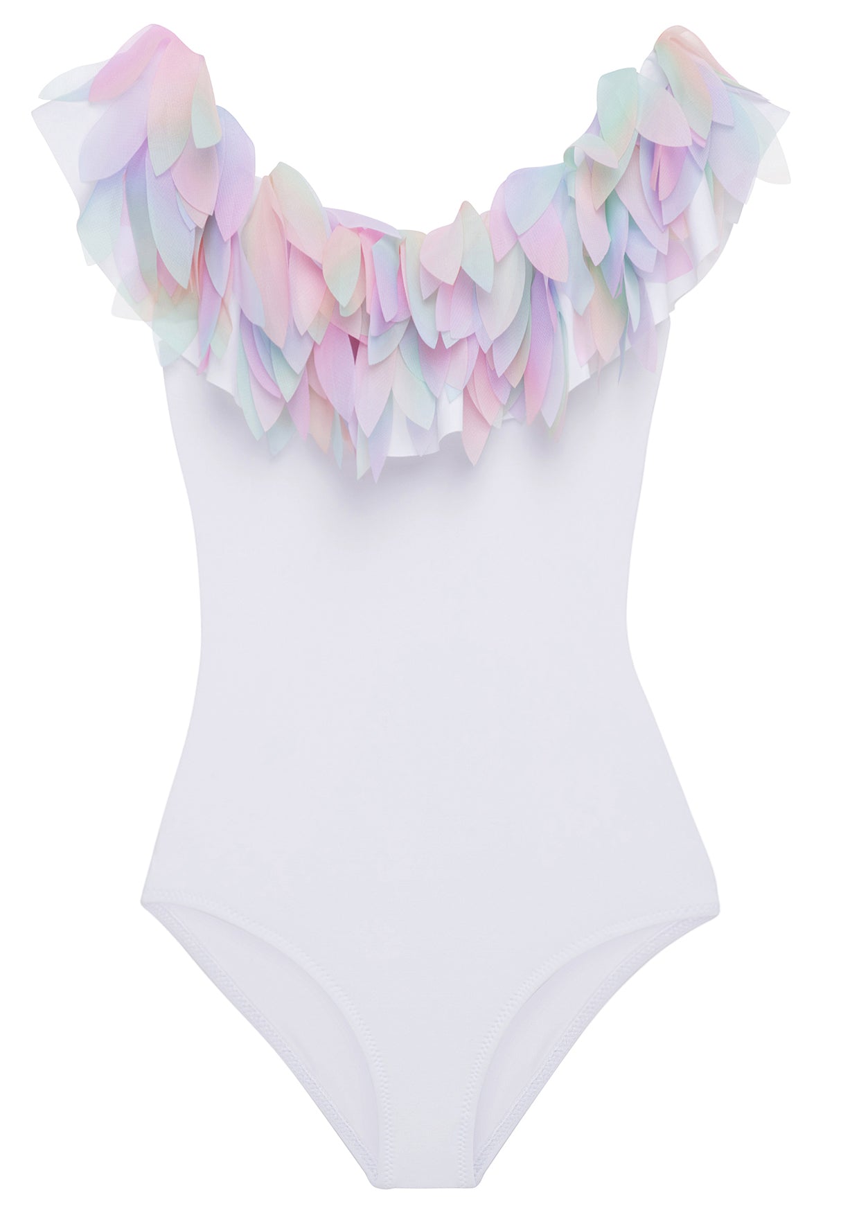 Womens white draped swimsuit with petals