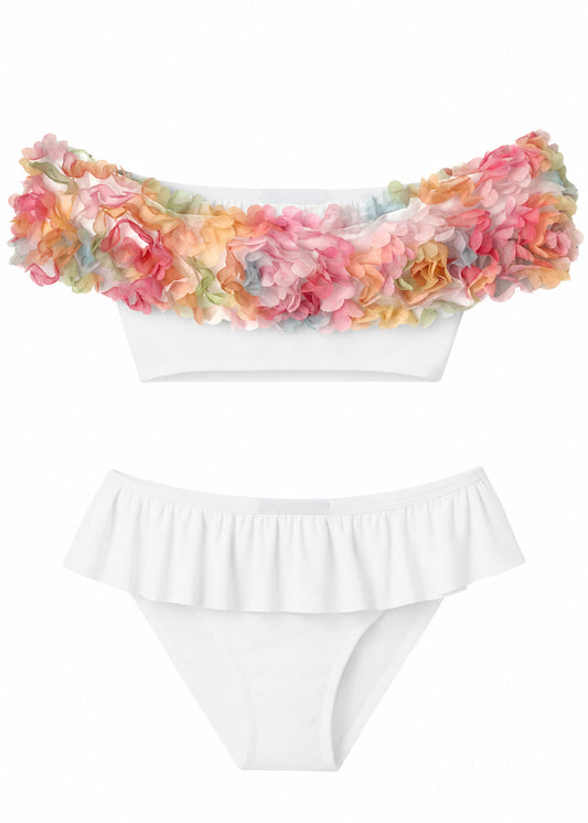 white bikini with beautiful floral trim