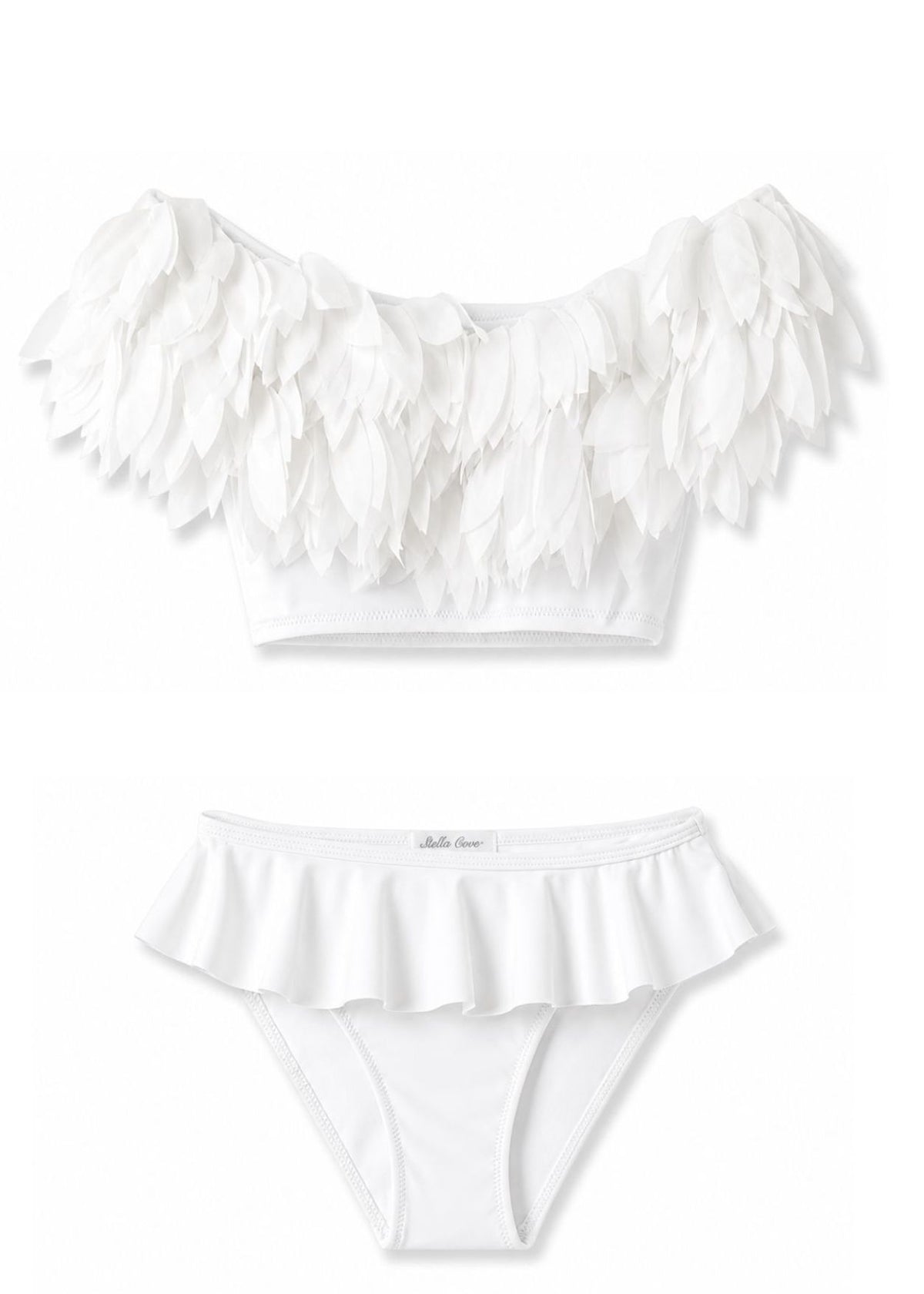 White two-piece bikini set featuring an off-the-shoulder crop top with layered feather-like ruffles and matching ruffled bikini bottoms, shown on a plain white background.