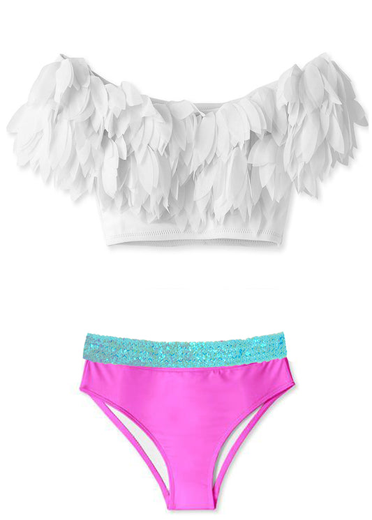 White Petal Bikini & Neon Pink with Aqua Sequin Belt