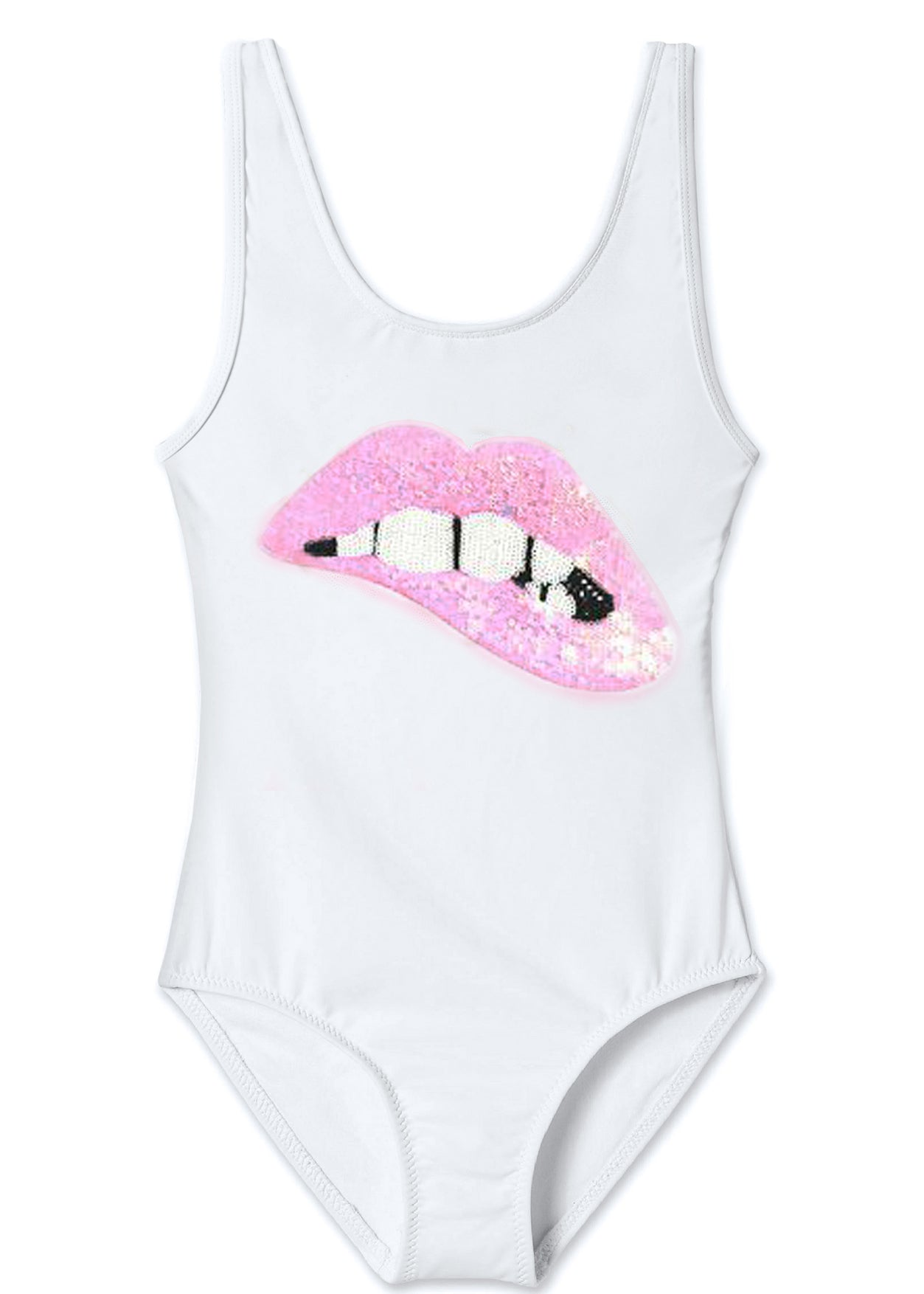 White Swimsuit with Lips Sequin