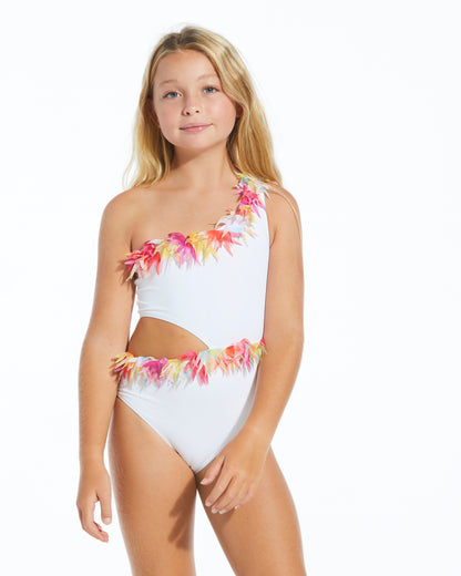 White Side-Cut Swimsuit with Colorful Petals