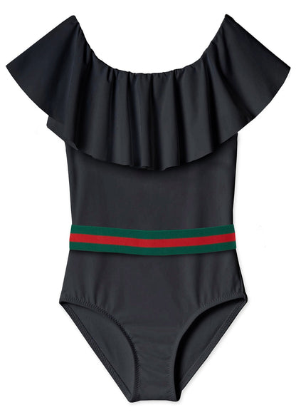 black swimwear with belt for girl